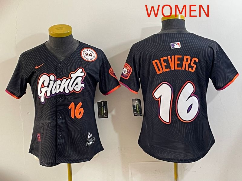 Women 2025 San Francisco Giants #16 Devers Black Joint Name Nike MLB Jersey style 011